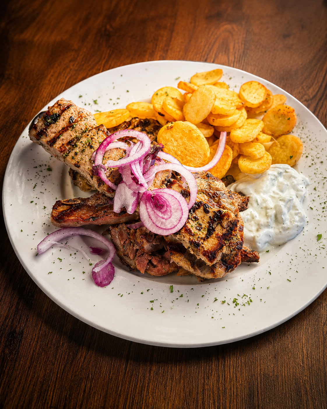 Korfu Teller – Herzhafte Grillvariation mit goldenen Kartoffeln, roten Zwiebeln und cremigem Dip.